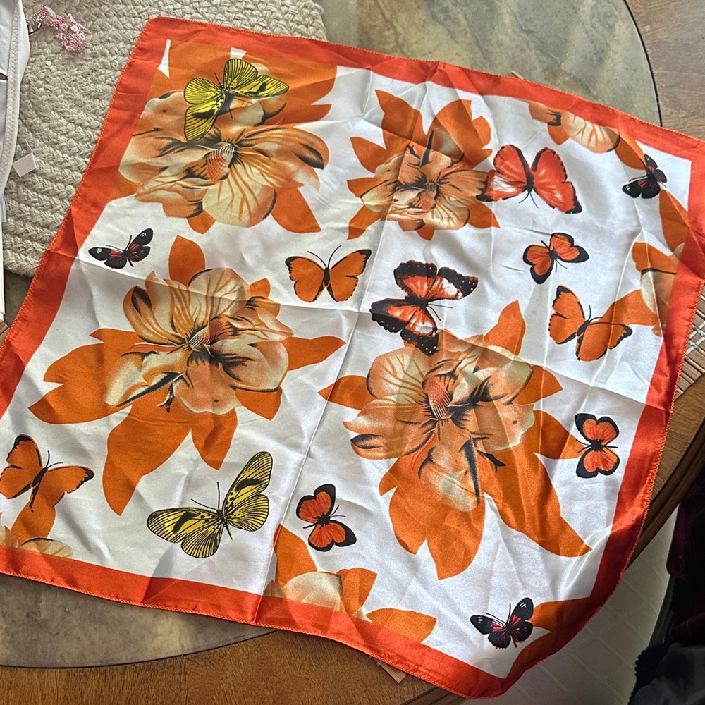 Orange Floral and Butterfly Scarf